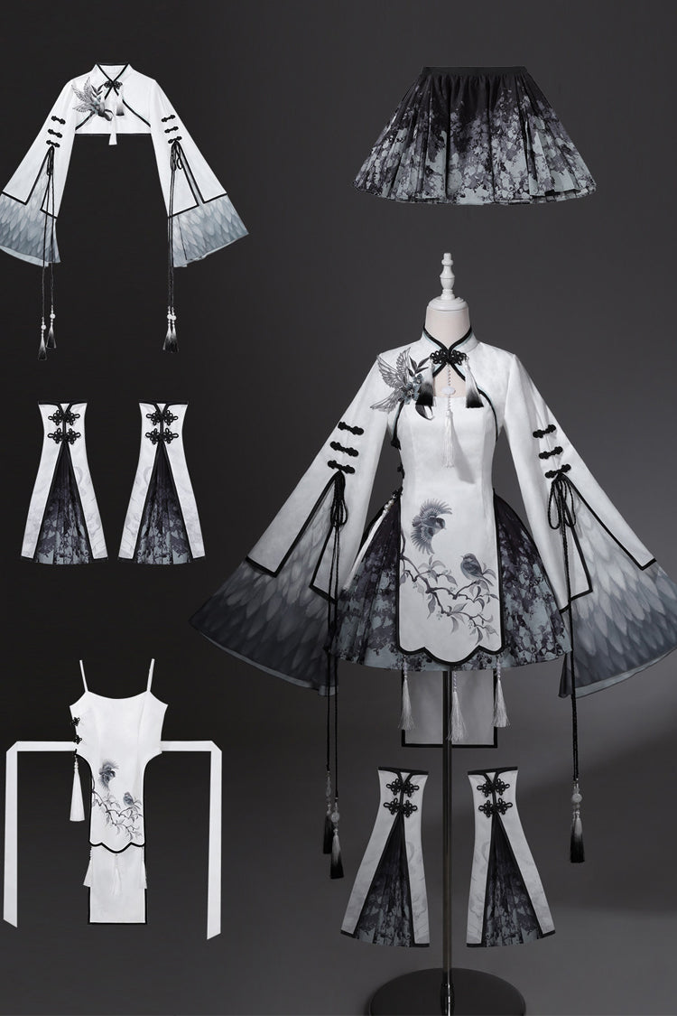 Black/White [Magpie Feather] Stand Collar Shorty High Waisted Printed Embroidered Women's Classic Hanfu Dress Set - Product - 4