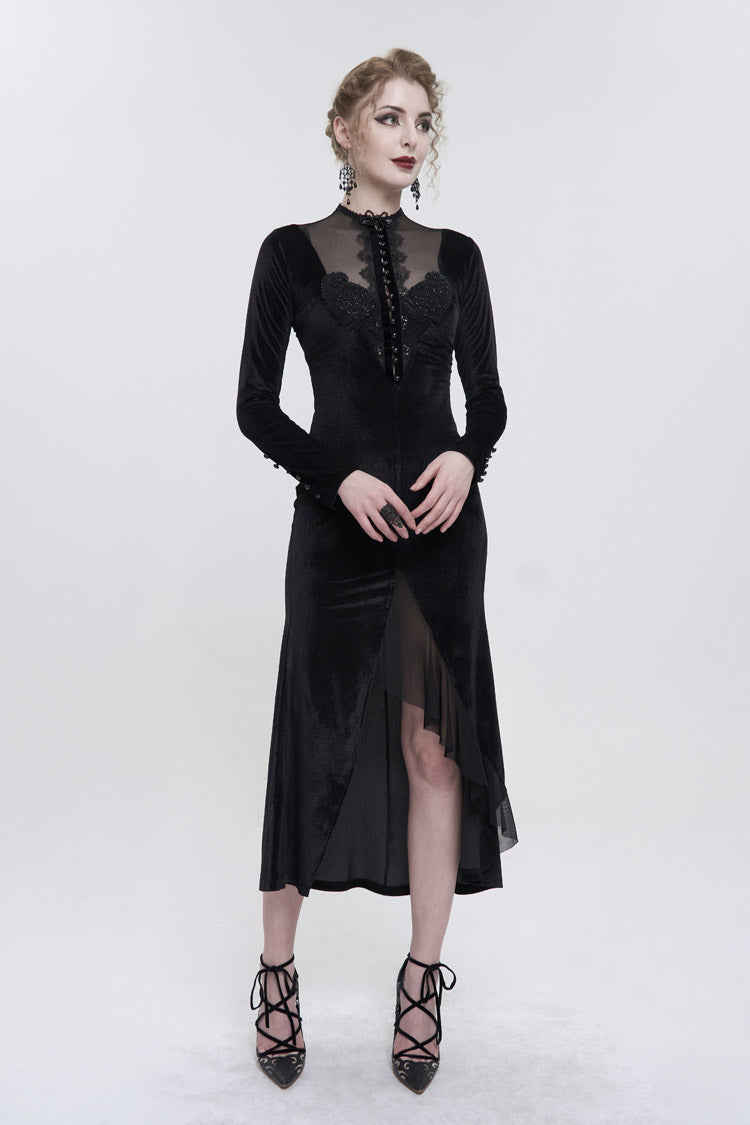 Black Small Stand Collar Cashew Paisley Lace On Chest Mesh Paneled Asymmetrical Hem Long Sleeve Women's Gothic Dress - Product - 4