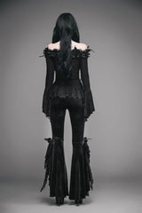 Black Knit One-Word Shoulder Rose Decoration Collar Waist Side Splice Lace Up Flare Sleeve Women's Gothic Shirt - Product - 4