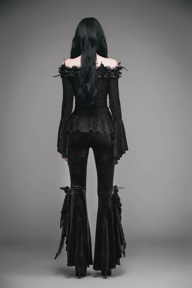 Black Knit One-Word Shoulder Rose Decoration Collar Waist Side Splice Lace Up Flare Sleeve Women's Gothic Shirt - Product - 4