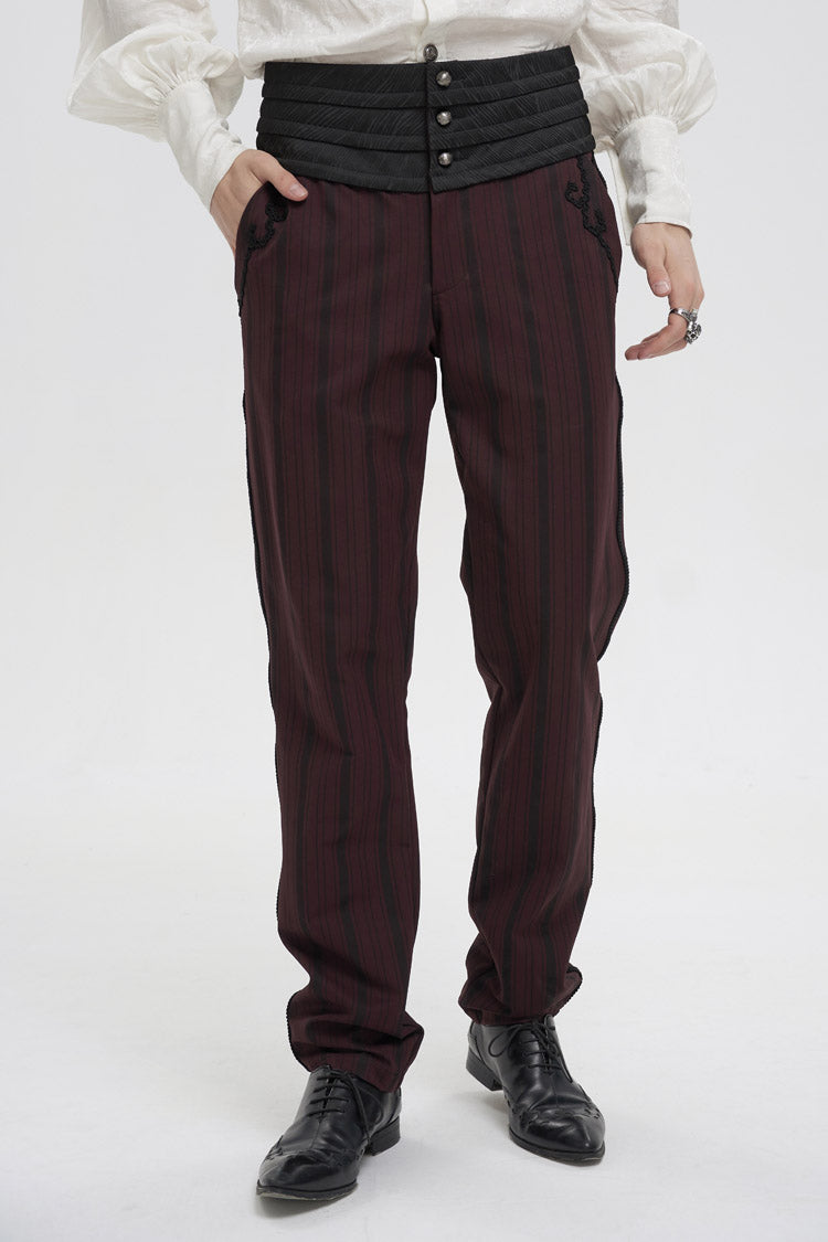 Red Retro Mid High Waist Micro Elastic Striped Woven Stitching Three Dimensional Jacquard Men's Gothic Trousers - Red - 1
