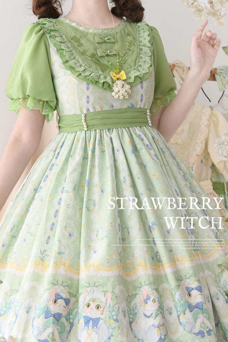 Green [Lily of the Valley Cat] Print Ruffle Embroidery Bowknot Sweet Lolita Dress - Product - 5