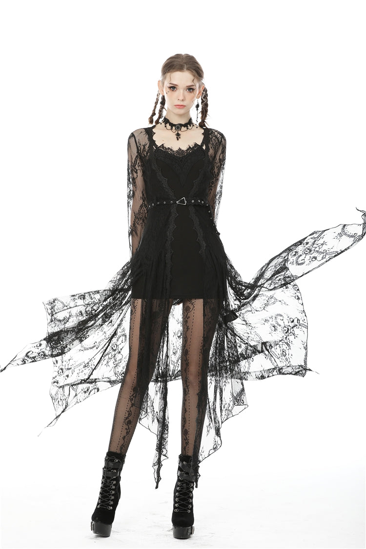 Black Long Trumpet Sleeves Sheer Floral Lace Women's Gothic Maxi Cloak with Belts - Product - 11