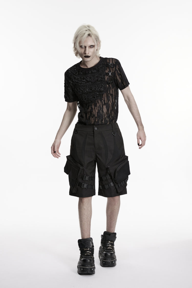 Black Buckled Men's Punk Cool Shorts with Big Pockets - Product - 8
