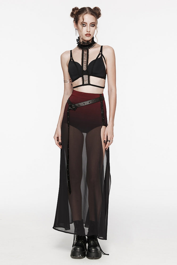 Black/Red Rivet Split Women's Gothic Skirt with Belt - Product - 4