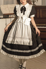 Black Lapel Collar Bowknot Short Sleeves Ruffled Sweet Lolita Maid OP Dress (Apron is included) - Black - 1