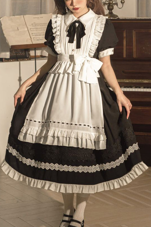 Black Lapel Collar Bowknot Short Sleeves Ruffled Sweet Lolita Maid OP Dress (Apron is included) - Black - 1