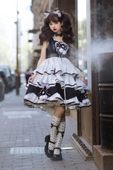 Black/White [Cat Fist] Triple-Layered Ruffle Bowknot Sweet Lolita Jsk Dress - Product - 3