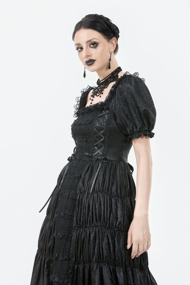 Black Lace Square Collar Short Puff Sleeves Lace-Up Ruched Women's Gothic Wedding Dress - Product - 6