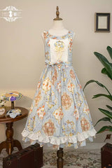 Cat Rose Tea Sleeveless Print Ruffle Bowknot Sweet Lolita Jumper Dress 3 Colors - Blue - 2