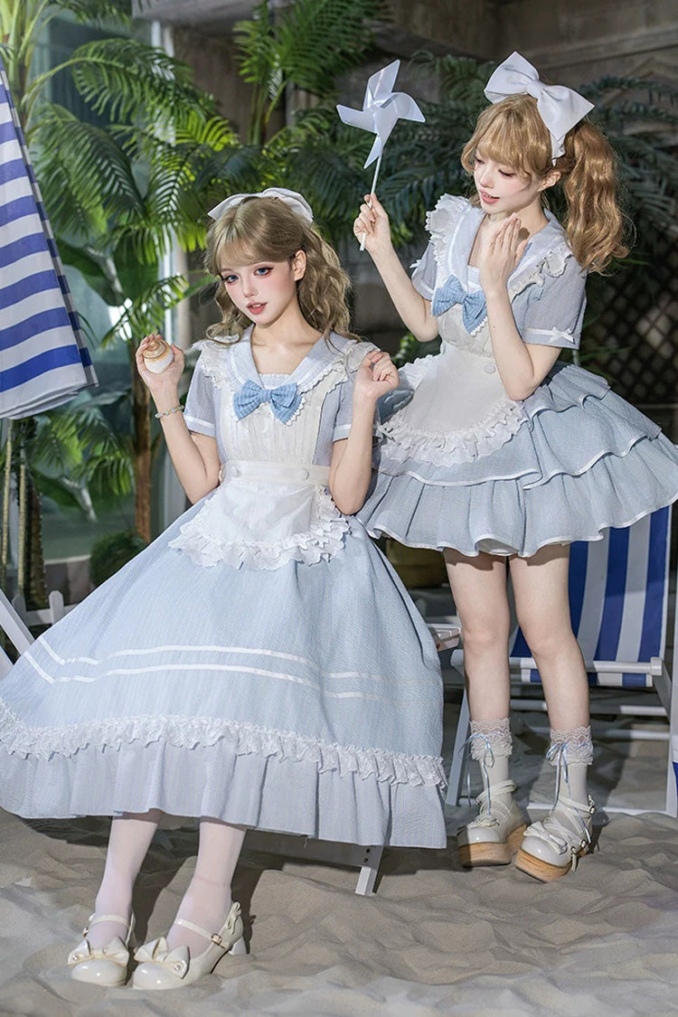 Blue [Seven Day Bell] Navy Collar Short Sleeves Printed Ruffled Bow Sweet Lolita Dress 2 Versions - Product - 5