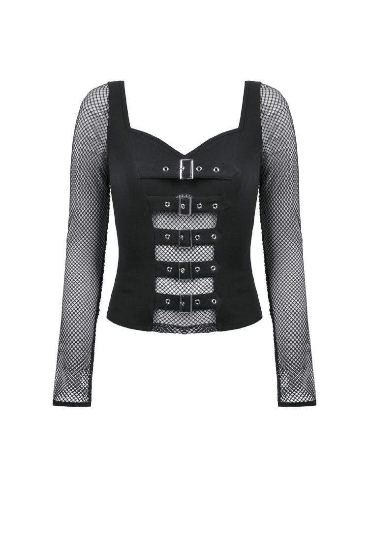 Black Mesh Spliced Long Sleeves Buckled Strap Eyelet Women's Punk Top - Product - 3