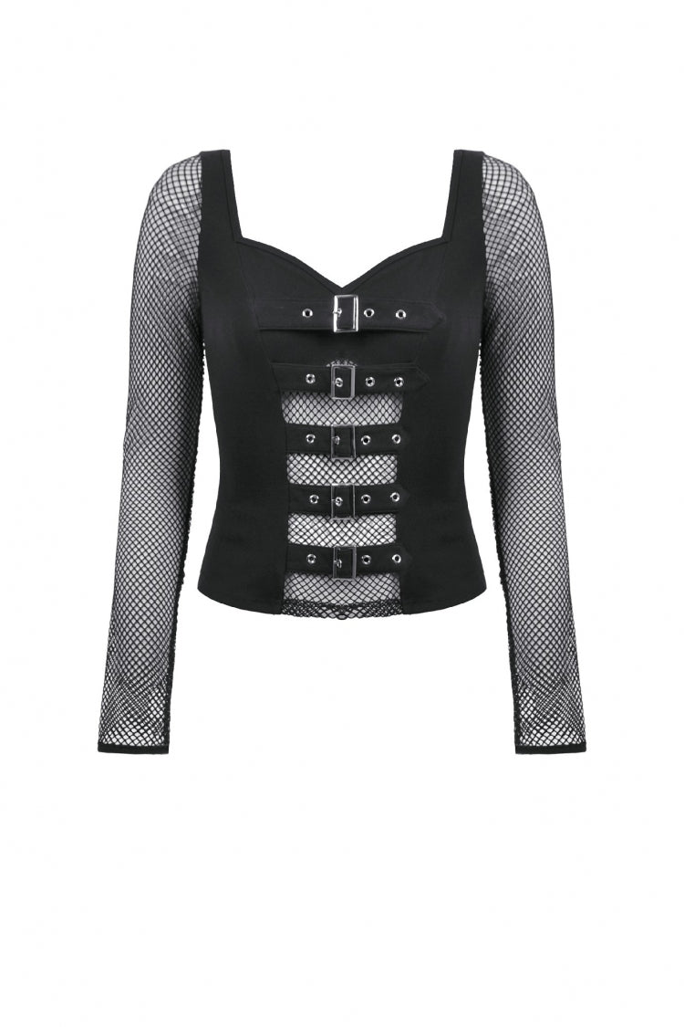 Black Mesh Spliced Long Sleeves Buckled Strap Eyelet Women's Punk Top - Product - 3