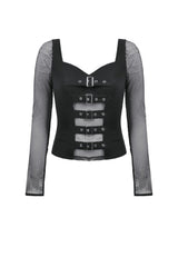 Black Mesh Spliced Long Sleeves Buckled Strap Eyelet Women's Punk Top - Product - 3