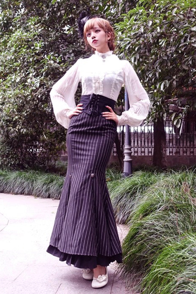 Black [Lorelei] Double-Layered Striped Print Ruffle Gothic Elegant Lolita Mermaid Maxi Skirt - Black - 1