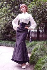 Black [Lorelei] Double-Layered Striped Print Ruffle Gothic Elegant Lolita Mermaid Maxi Skirt - Black - 1