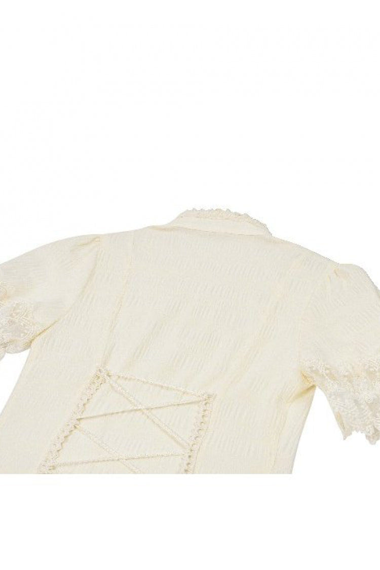 Beige Stand Collar Short Puff Sleeves Lace Sheer Lace-Up Women's Gothic Blouse with Detachable Bowknot - Product - 17