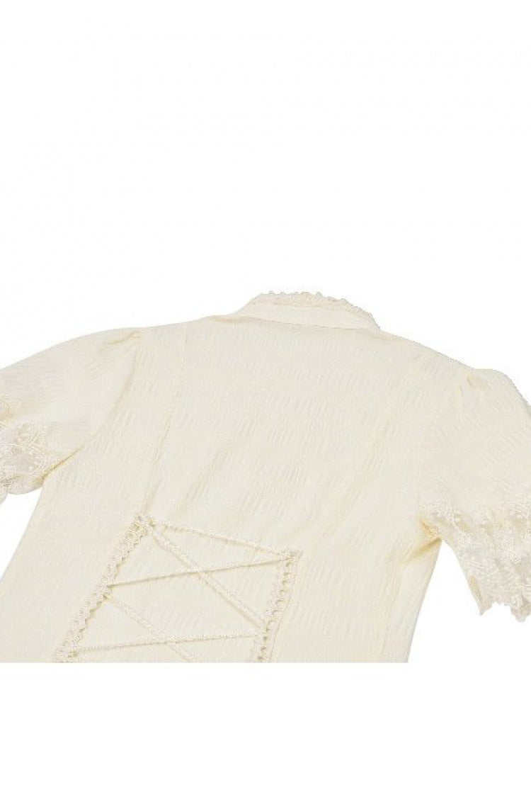 Beige Stand Collar Short Puff Sleeves Lace Sheer Lace-Up Women's Gothic Blouse with Detachable Bowknot - Product - 17