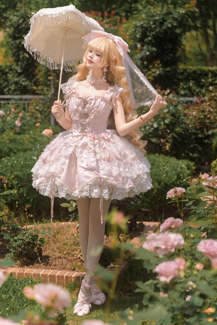 Pink [Anna’s Ball] Square Collar Ruffled Hanayome Bow Lace Sweet Princess Ballet Lolita Jsk Dress - Product - 8