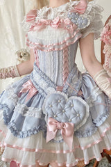 Blue Triple-Layered Ruffled Bow Lace-Up Slim Ballet Sweet Lolita Dress - Product - 16