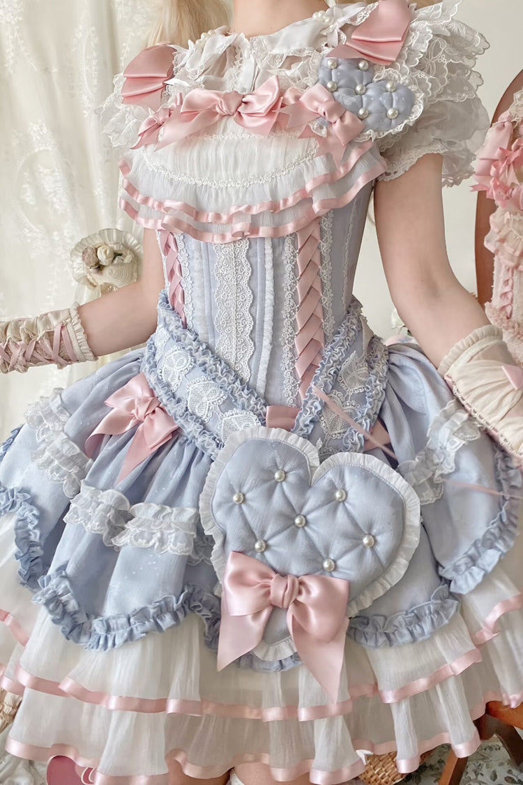 Blue Triple-Layered Ruffled Bow Lace-Up Slim Ballet Sweet Lolita Dress - Product - 16