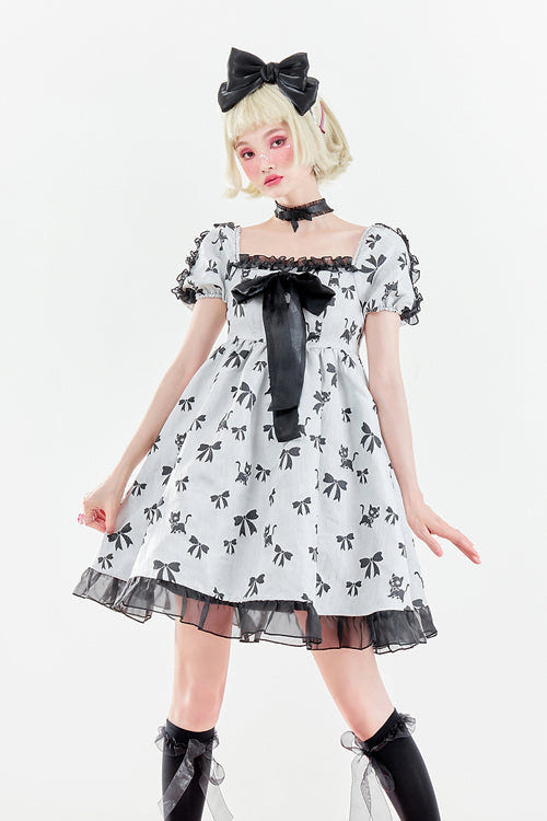 White Square Neckline Butterfly Print Short Sleeves Fungus Ruffled Sweet Lolita OP Dress - Product - 2