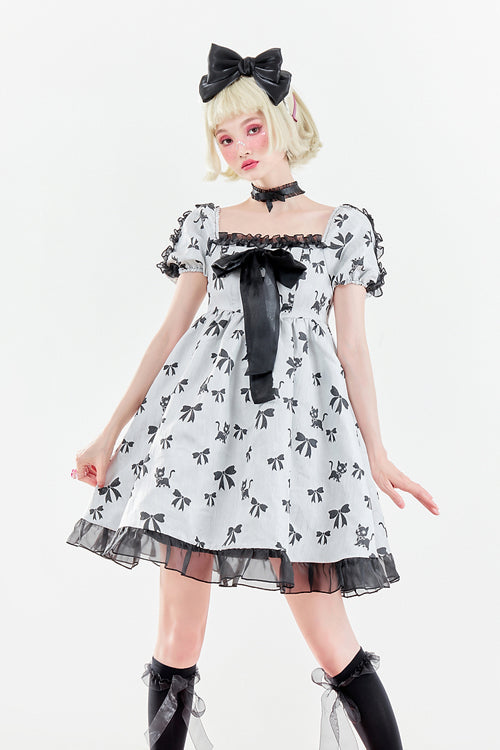 White Square Neckline Butterfly Print Short Sleeves Fungus Ruffled Sweet Lolita OP Dress - Product - 2