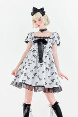 White Square Neckline Butterfly Print Short Sleeves Fungus Ruffled Sweet Lolita OP Dress - Product - 2