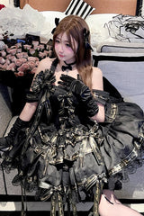 Black [Young Lady] Halterneck Sleeveless Multi-Layered Ruffle Bowknot Elegant Princess Gothic Lolita Dress - Product - 12