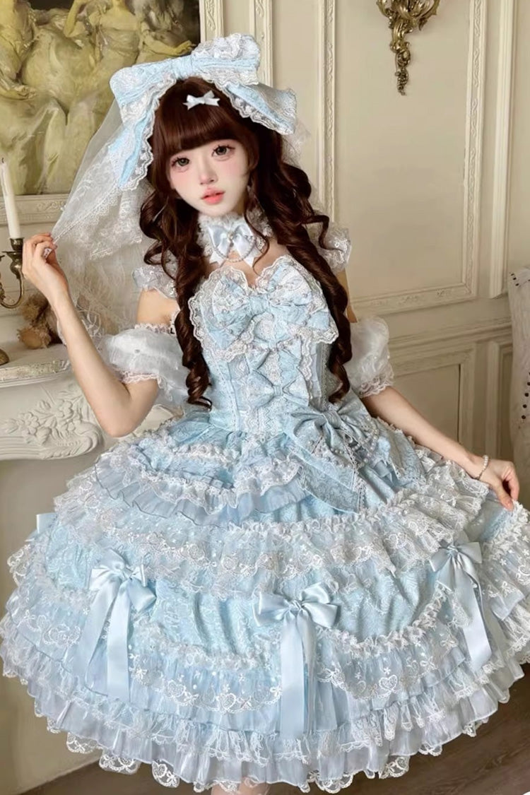 Blue [Dream of the Misty Moon] Sleeveless Multi-Layered Ruffled Bow Lace Pearl-Decorated Sweet Princess Lolita Jsk Dress - Product - 5