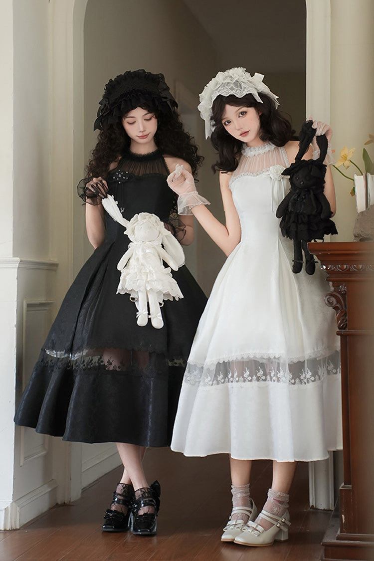Black [Flowers in the Mist] Off Shoulder Halterneck Print Ruffle Gothic Elegant Lolita Dress - Product - 9