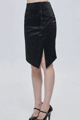 Black Gothic Pattern Leather Button Decoration Slim-Fitting Hip Women's Skirt - Product - 3