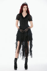 Black Deep V Collar Short Puff Sleeves Multi-Layered Ruffled Lace Sheer Women's Gothic Blouse - Product - 8