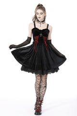 Black/Red Cross Lace-Up Strappy Women's Gothic Velvet Slip Dress - Product - 8
