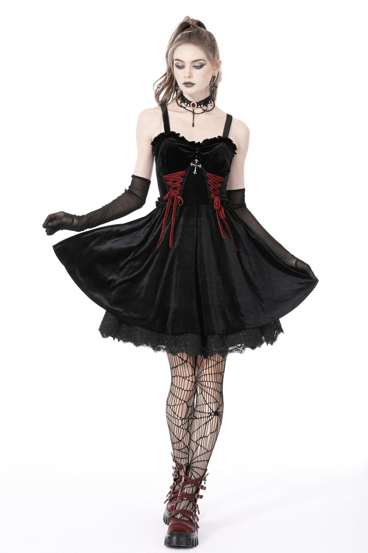 Black/Red Cross Lace-Up Strappy Women's Gothic Velvet Slip Dress - Product - 8