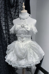 White [Rose Dream] Halterneck Short Sleeves Print Ruffle Bowknot Lace Gothic Jirai Kei Dress - White - 1