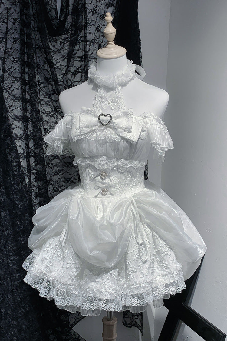 White [Rose Dream] Halterneck Short Sleeves Print Ruffle Bowknot Lace Gothic Jirai Kei Dress - White - 1