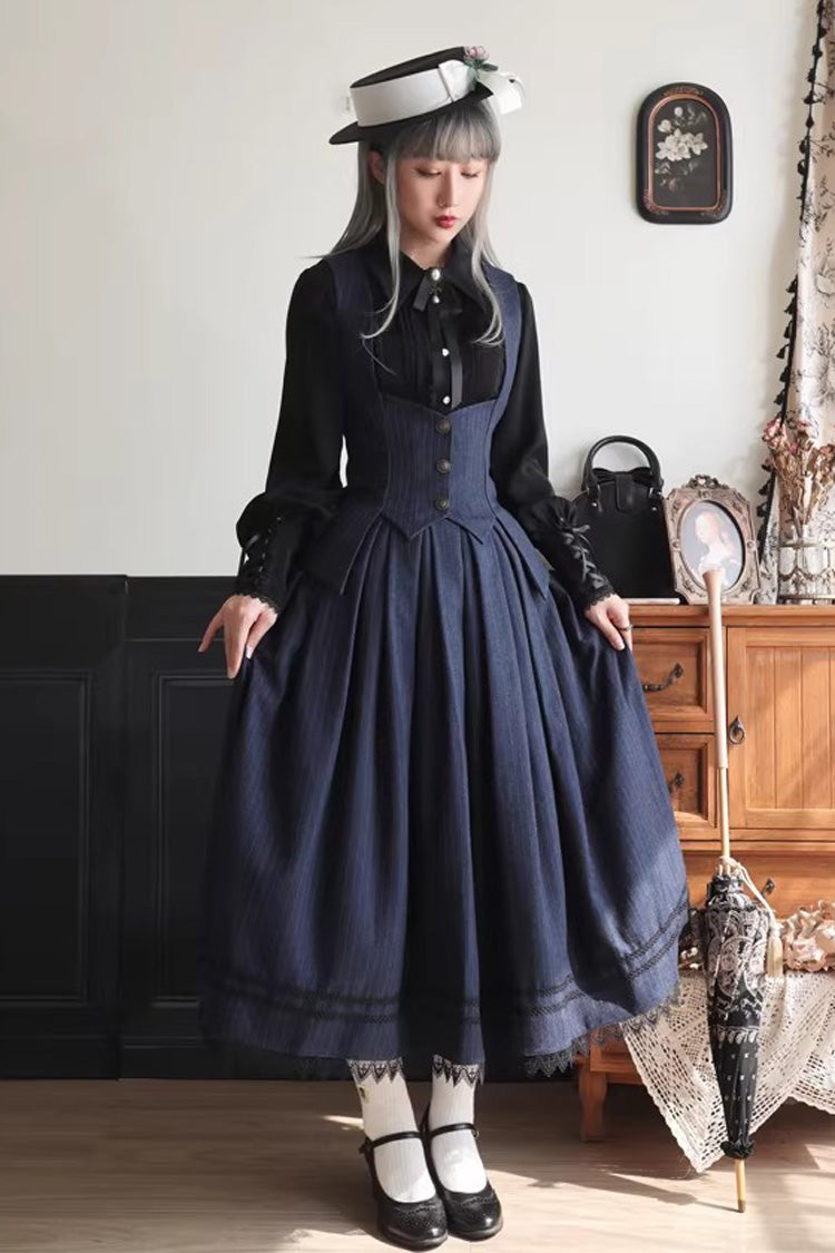 Blue [Griffin’s Pact] Striped Printed Ruffled Gothic Lolita Skirt Vest Set - Product - 3