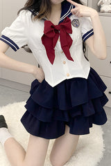 Short Sleeves Multi-layer Ruffle Bowknot Sweet College Style Japanese School Skirt Set 4 Colors - White/Blue - 8
