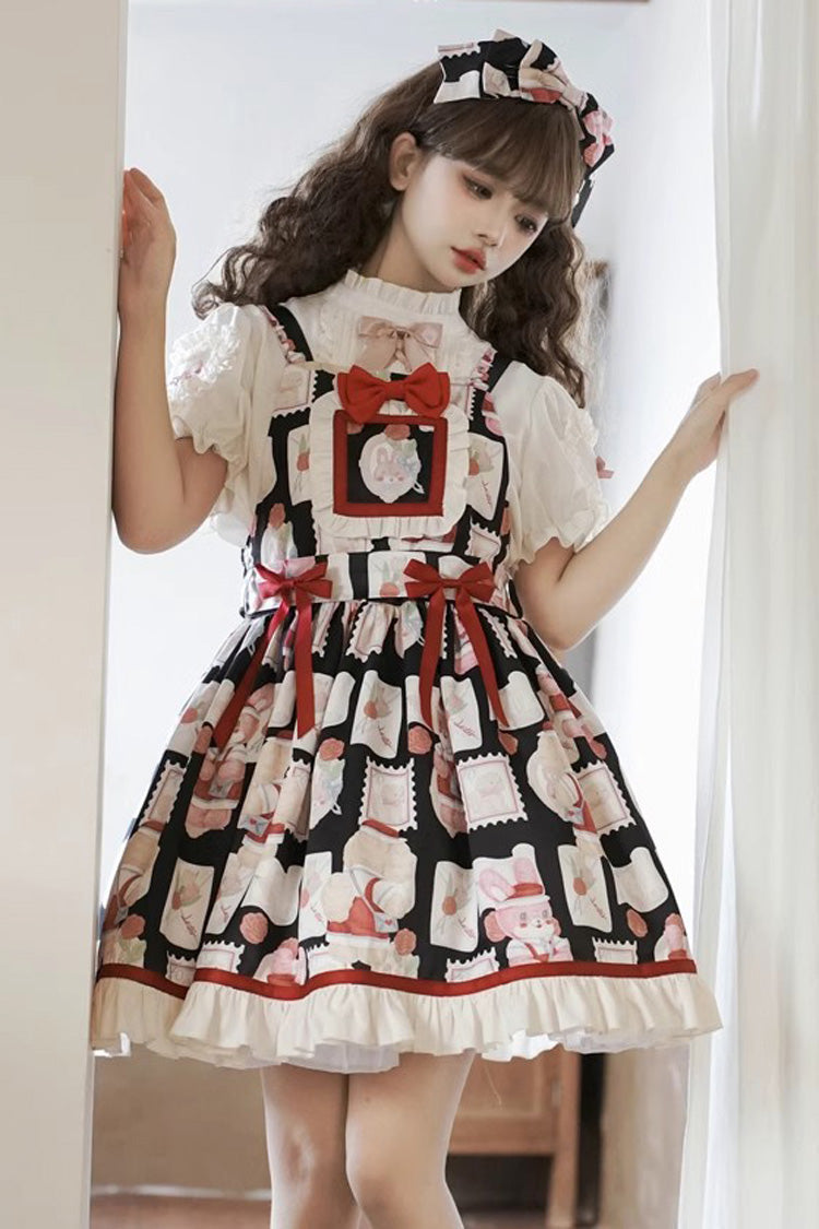 Black [Letter from Showa] Rabbit and letter Print Ruffle Bowknot Sweet Princess Lolita Strap Dress - Product - 2
