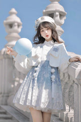White/Blue Long Sleeves Print Ruffle Chinese Style Princess Sweet Lolita Jsk Dress Set - Product - 7