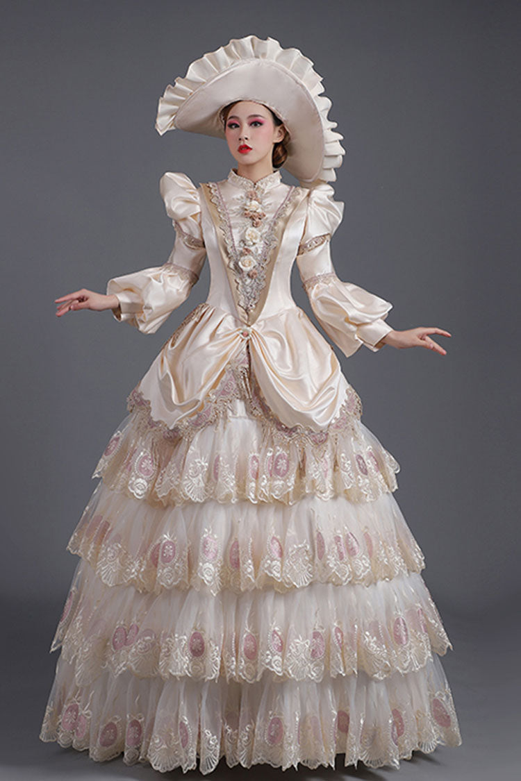Champagne Lantern Sleeves High Waisted Three Dimensional Flower Print Victorian Lolita Prom Tiered Dress - Product - 2