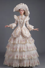 Champagne Lantern Sleeves High Waisted Three Dimensional Flower Print Victorian Lolita Prom Tiered Dress - Product - 2