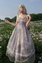 Purple [Oil Painting – In the Shade of Blossoming Trees] Sleeveless Print Ruffle Bowknot Lace Sweet Lolita Jsk Dress - Product - 10