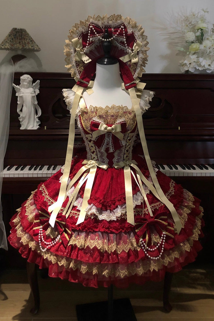 Red [Gilded Memories] Sleeveless Double-Layered Ruffle Hot Stamping Bowknot Lace Sweet Lolita Jsk Dress - Product - 4