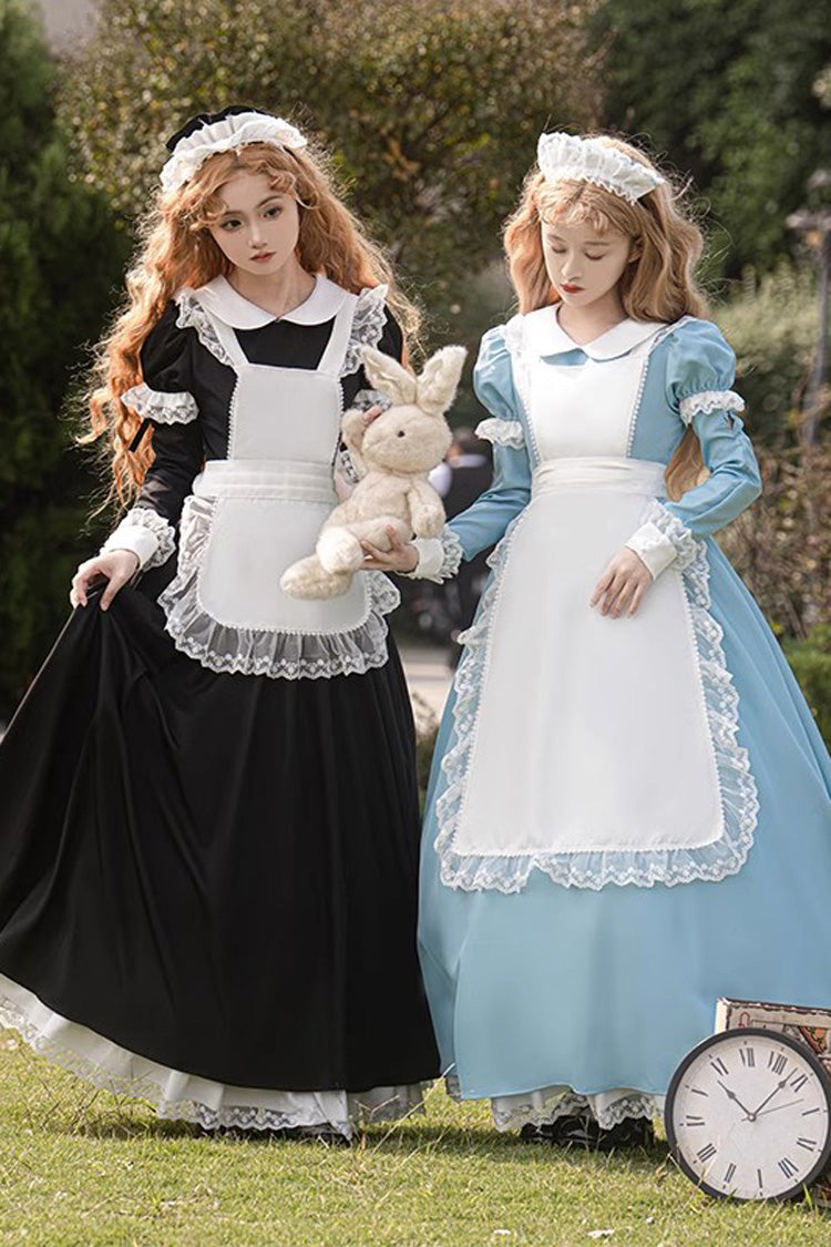 Gothic Maid Lapel Collar Ruffle Lace Plus Size Lolita Dress 2 Colors and 2 Versions - Black - 1