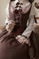 Brown [Teddy Chocolate Bar] Printed Embroidered Bow Lace-Up Classic Lolita Jsk Dress and Skirt - Product - 9