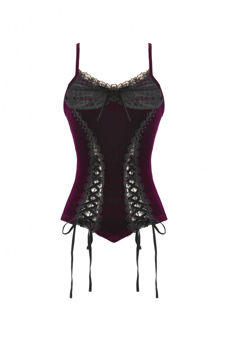 Burgundy Ribbon Bow Lace-Up Women's Gothic Velet Cami Corset Top - Product - 3