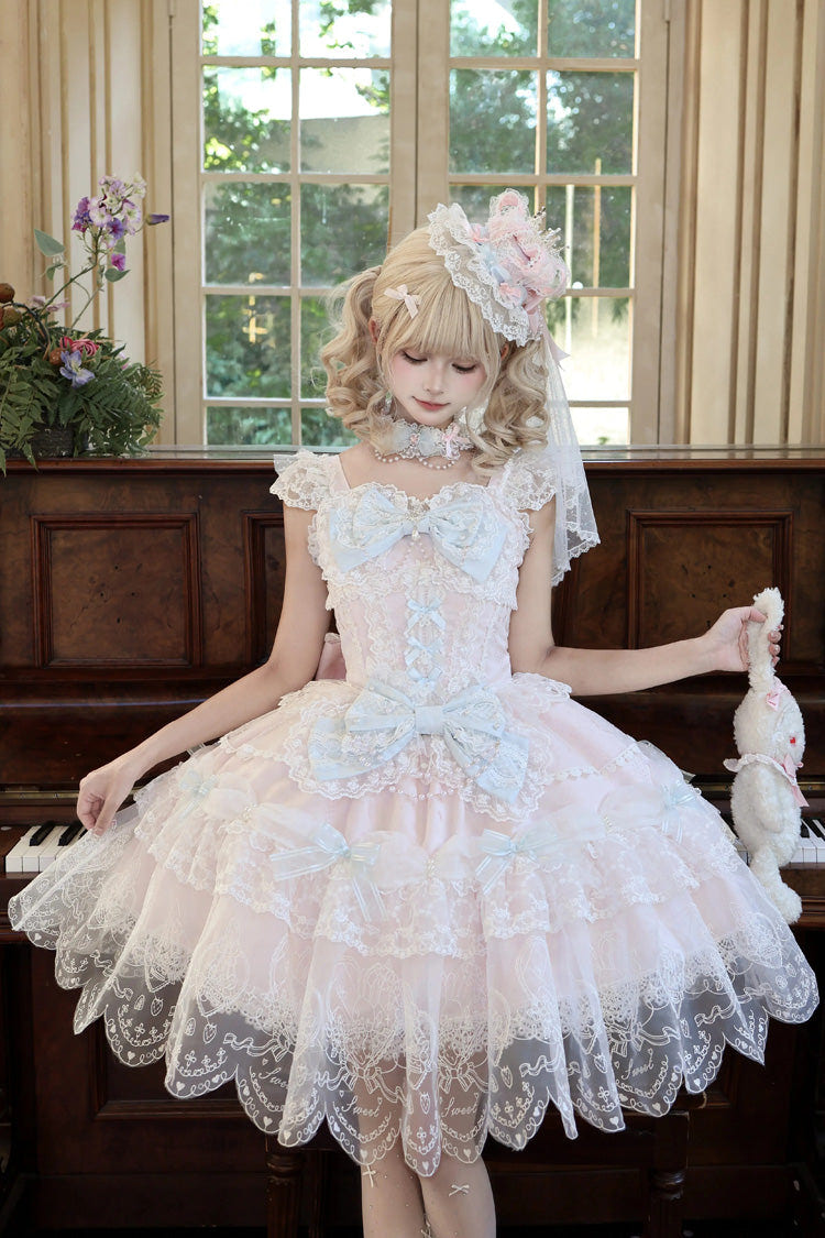 ピンク [Bunny Dream Letter] スクエアカラー フラッター袖 ジャカード フリルリボンレース スウィート プリンセス バレエコア ロリータ ジャンパースカート（JSK） 商品画像