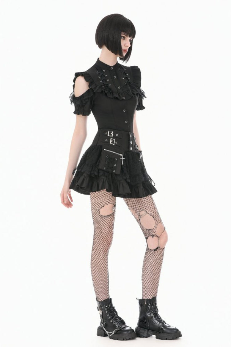 Black Mandarin Collar Cold‑Shoulder Puff Sleeves Ruffled Cut-Out Lace-Up Women's Gothic Blouse - Product - 2